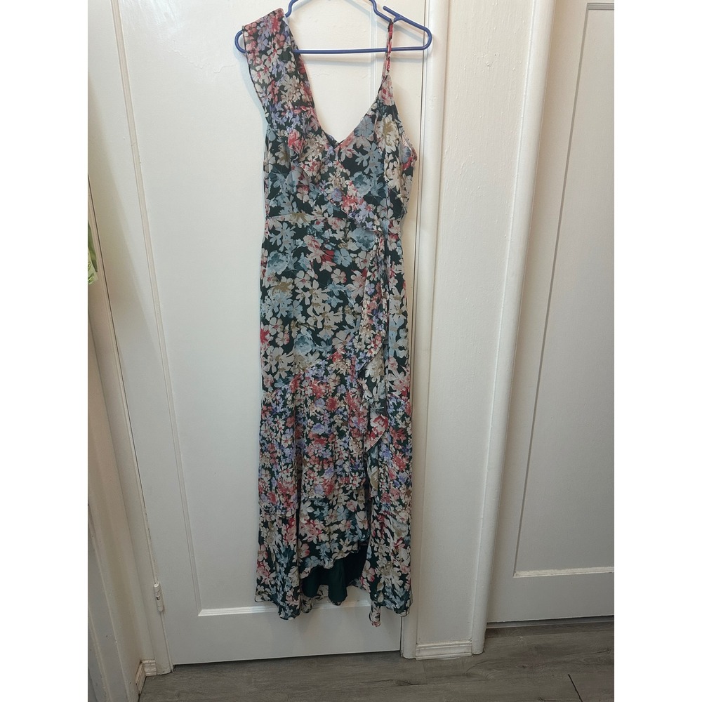 Lulus Floral Maxi Dress Green Ruffle Asymmetrical Tiered High Low Wedding L